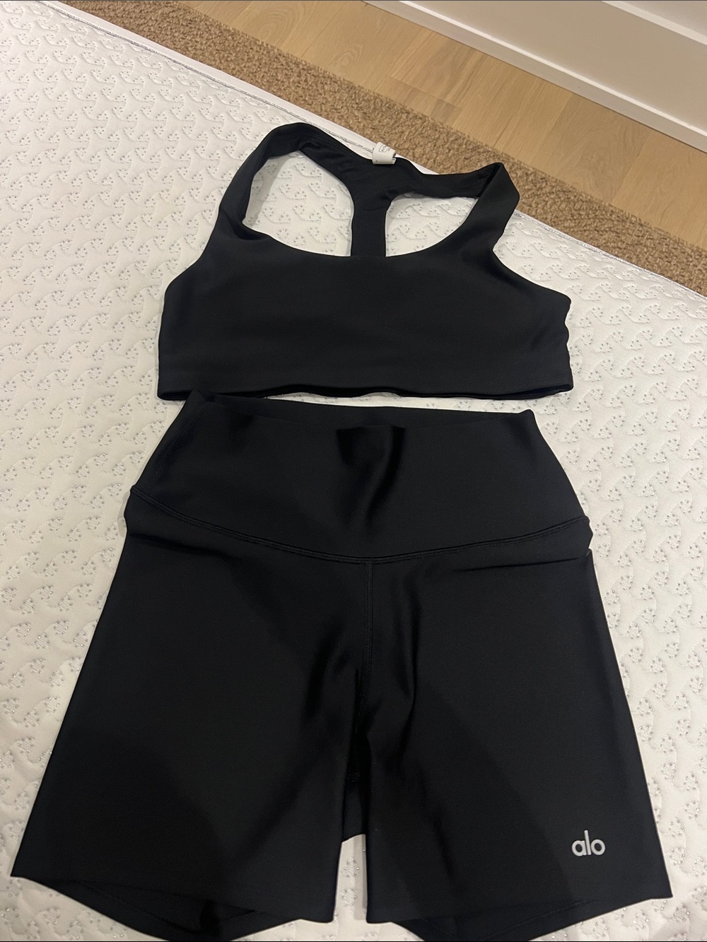 Alo Airlift Black Racerback Sports Bra + High-Waist Biker Shorts Set